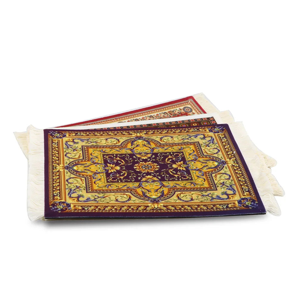 Persian Mini Woven Rug Mat Mousepad Retro Style Carpet Pattern Cup Laptop PC Mouse Pad with Fring Home Office Table Decor Craft