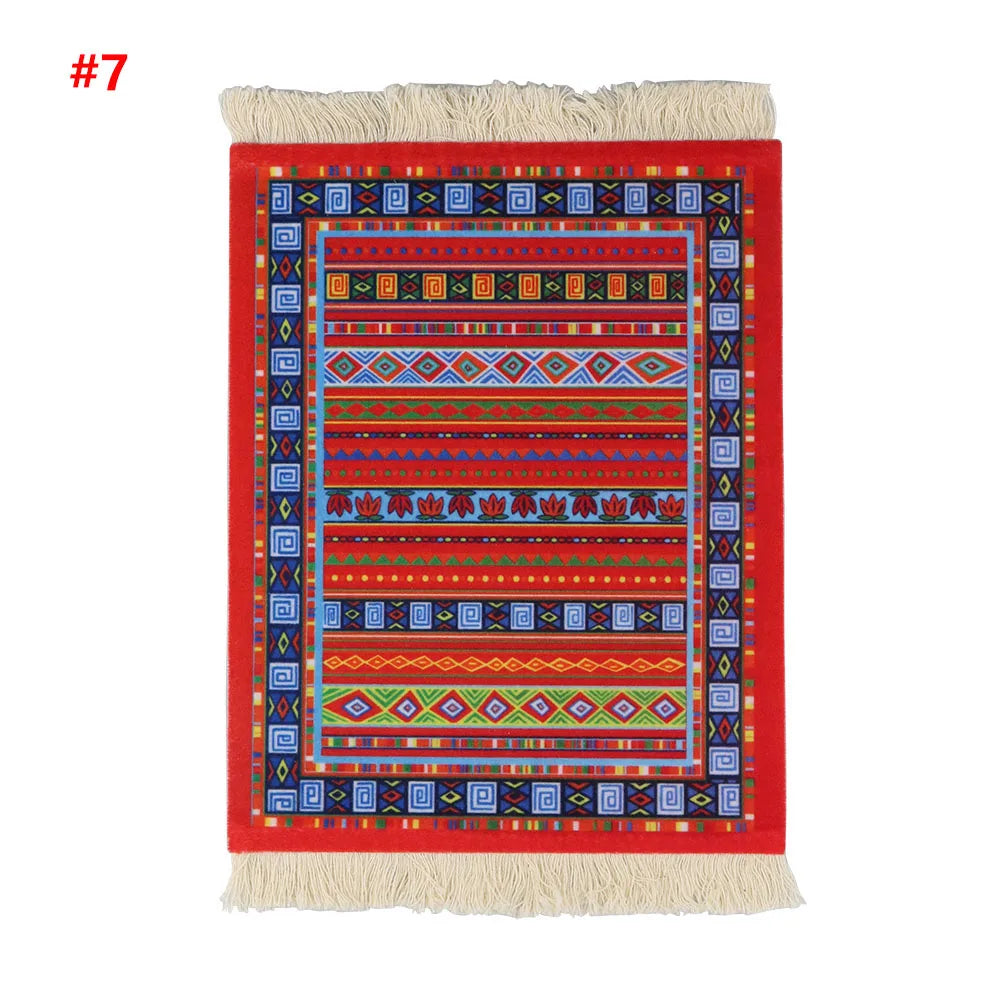 Persian Mini Woven Rug Mat Mousepad Retro Style Carpet Pattern Cup Laptop PC Mouse Pad with Fring Home Office Table Decor Craft