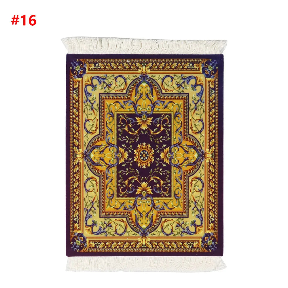 Persian Mini Woven Rug Mat Mousepad Retro Style Carpet Pattern Cup Laptop PC Mouse Pad with Fring Home Office Table Decor Craft