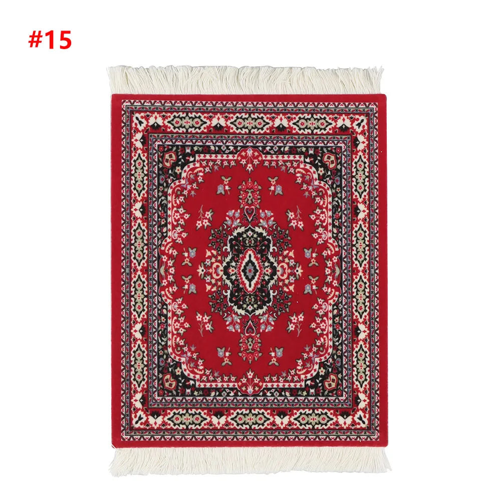 Persian Mini Woven Rug Mat Mousepad Retro Style Carpet Pattern Cup Laptop PC Mouse Pad with Fring Home Office Table Decor Craft