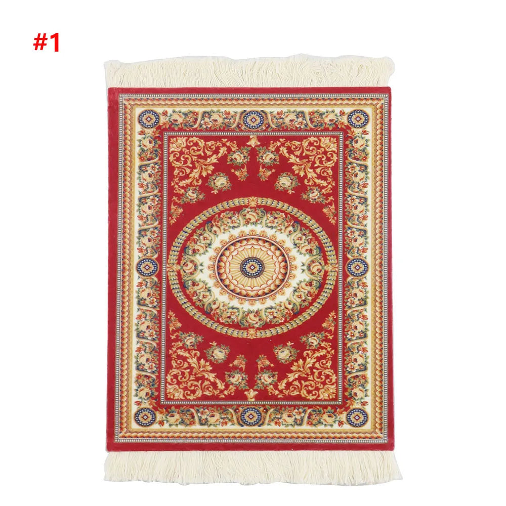 Persian Mini Woven Rug Mat Mousepad Retro Style Carpet Pattern Cup Laptop PC Mouse Pad with Fring Home Office Table Decor Craft