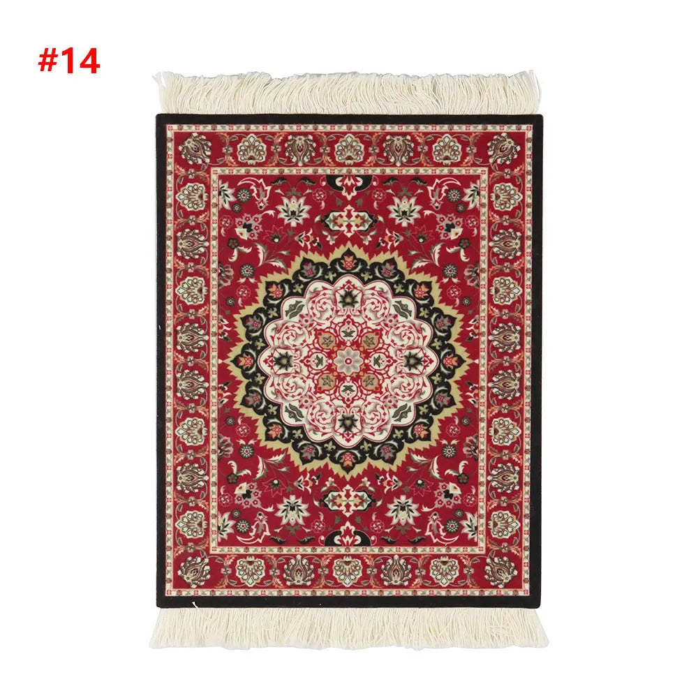 Persian Mini Woven Rug Mat Mousepad Retro Style Carpet Pattern Cup Laptop PC Mouse Pad with Fring Home Office Table Decor Craft