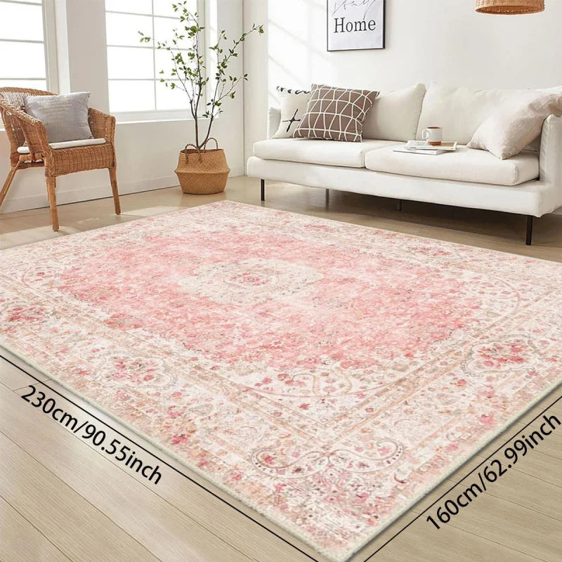 VIKAMA Pink and Vintage Persian Pattern Carpet, Light Luxury Atmosphere, Living Room Sofa Carpet, Bedroom Bedside Carpet