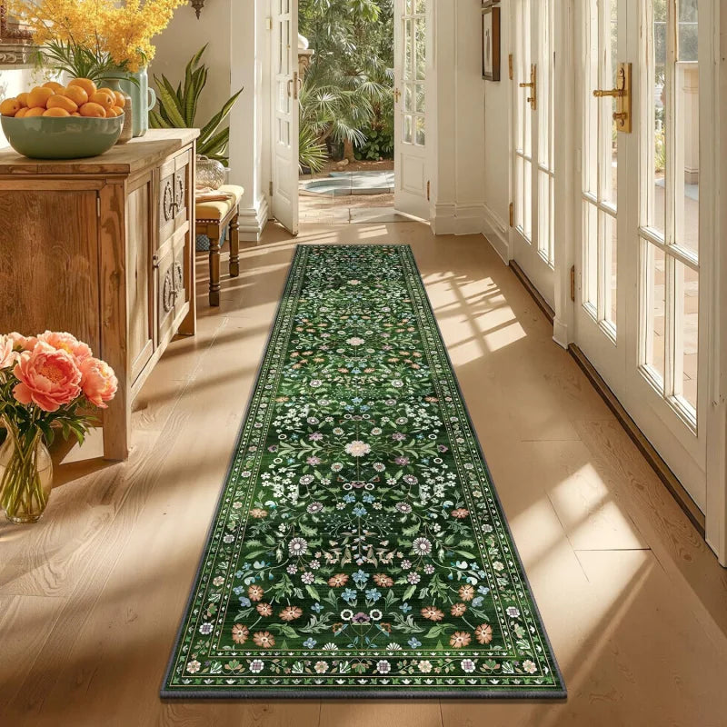 VIKAMA Vintage Persian Floral Runner Carpet Entrance Hall Non-Slip Mat Easy to Clean Kitchen Bedroom Rug Home Decoration