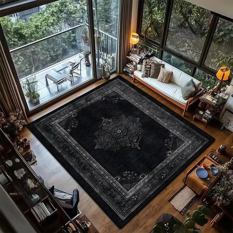 VIKAMA Black Vintage Persian Carpet Non-Slip Resistant Living Room Sofa Floor Mat Dining Room Bedroom Carpet Home Decoration
