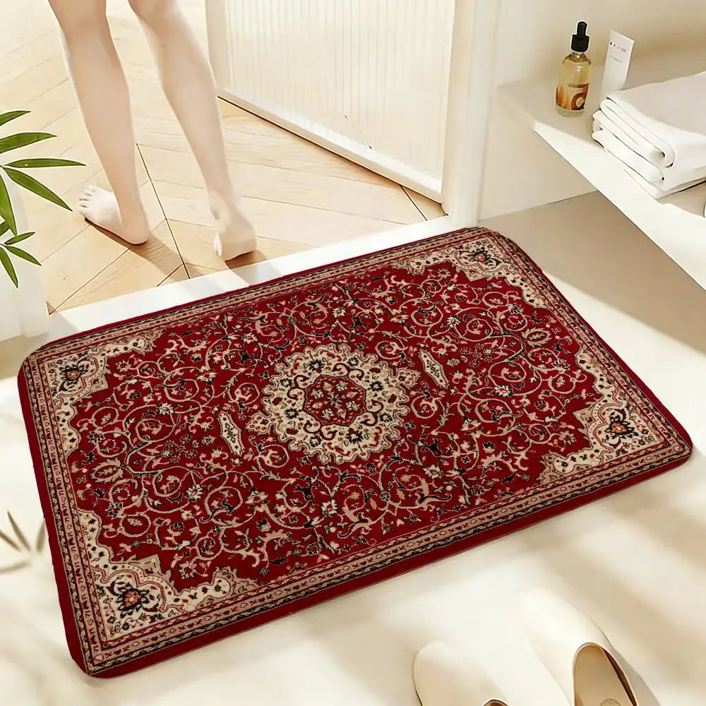 Soft Absorbent Non-Slip Rug Pattern Mysterious Red Persian Carpet Floor Mat Home Decor Doormat Bedroom Floor Mat Shower Carpet