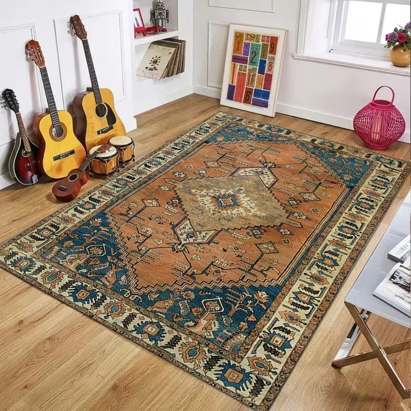 Red Blue Persian Area Rug, Vintage Medallion Floral Print Floor Mat, Classic Living Room Carpet