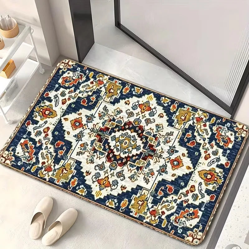 Vintage Blue White Persian Floral Doormat Non Slip Oriental Ethnic Welcome Rug Classic Boho Paisley Carpet For Living Room