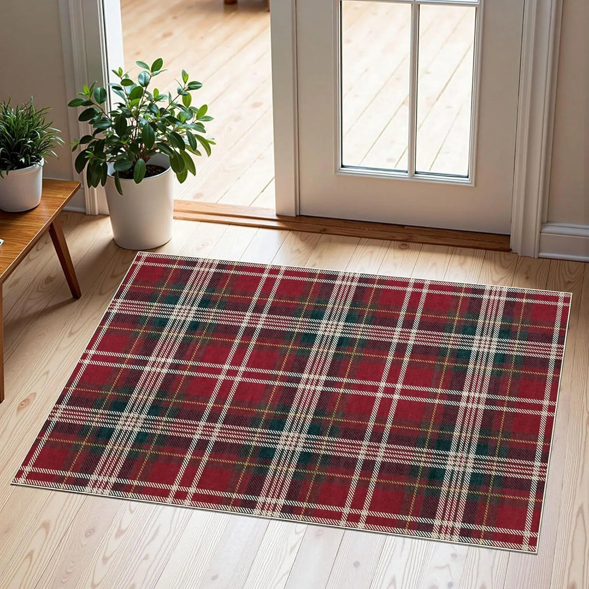 Red Green Tartan Plaid Carpet Warm Retro Floor Mat for Living Room Bedroom Farmhouse Rustic Decor Easy Clean Durable Indoor Rug