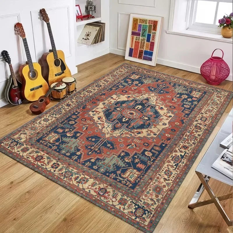 Red Blue Persian Area Rug, Vintage Medallion Floral Print Floor Mat, Classic Living Room Carpet