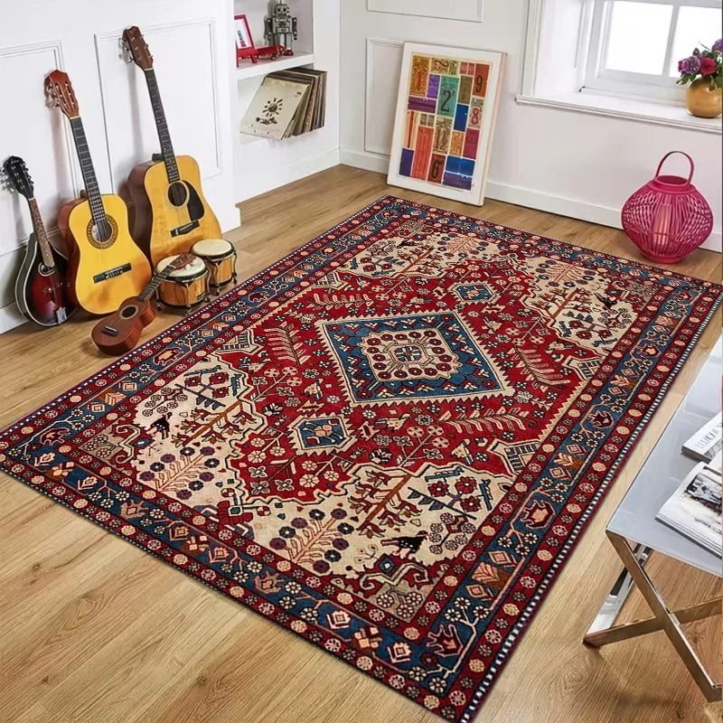Red Blue Persian Area Rug, Vintage Medallion Floral Print Floor Mat, Classic Living Room Carpet