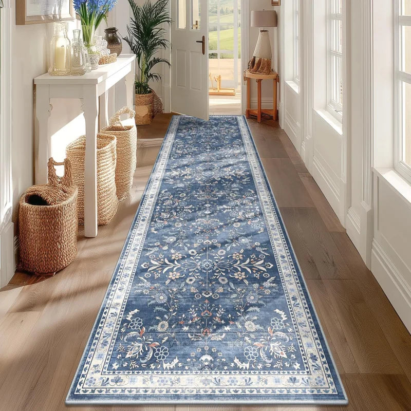 VIKAMA Vintage Persian Floral Runner Carpet Entrance Hall Non-Slip Mat Easy to Clean Kitchen Bedroom Rug Home Decoration