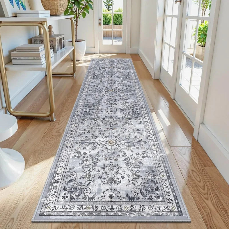 VIKAMA Vintage Persian Floral Runner Carpet Entrance Hall Non-Slip Mat Easy to Clean Kitchen Bedroom Rug Home Decoration