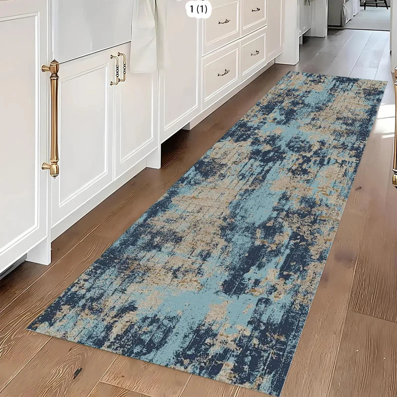 Abstract Blue & Beige Runner Rug