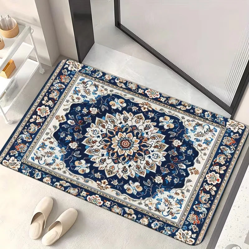 Vintage Blue White Persian Floral Doormat Non Slip Oriental Ethnic Welcome Rug Classic Boho Paisley Carpet For Living Room