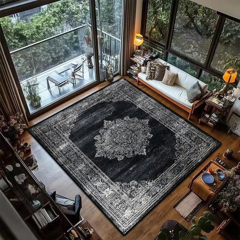 VIKAMA Black Vintage Persian Carpet Non-Slip Resistant Living Room Sofa Floor Mat Dining Room Bedroom Carpet Home Decoration