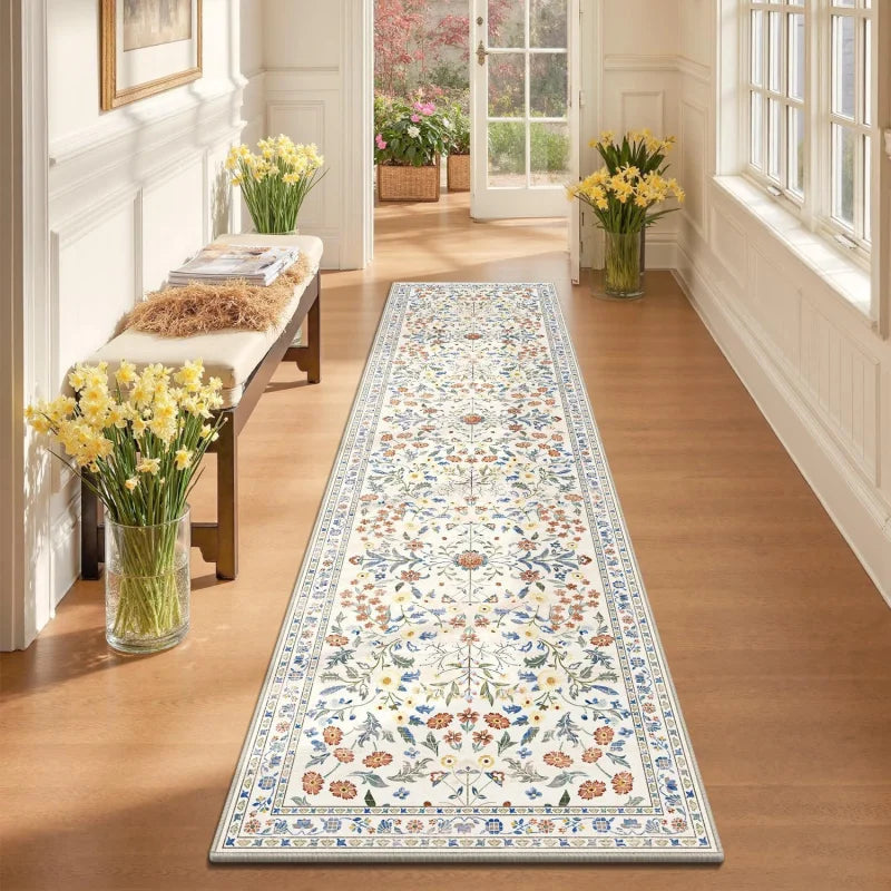 VIKAMA Vintage Persian Floral Runner Carpet Entrance Hall Non-Slip Mat Easy to Clean Kitchen Bedroom Rug Home Decoration