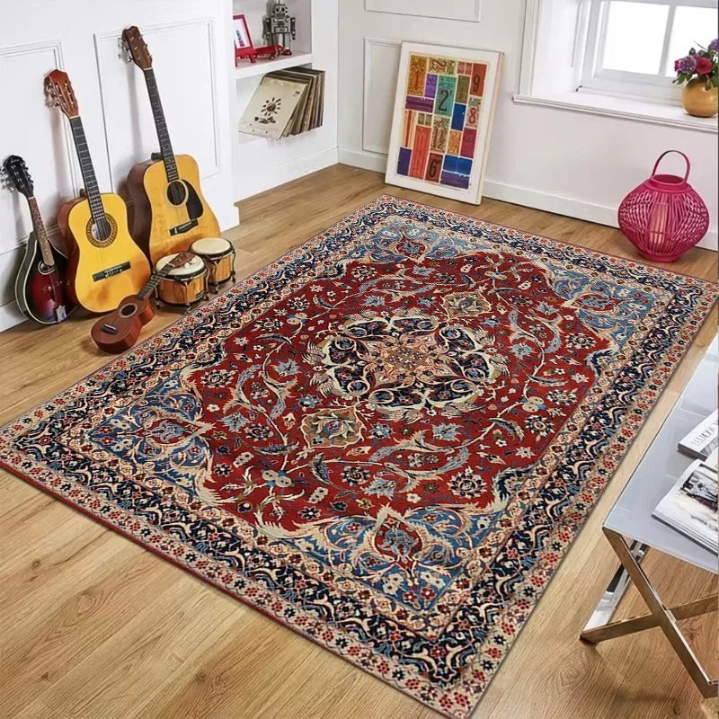 Red Blue Persian Area Rug, Vintage Medallion Floral Print Floor Mat, Classic Living Room Carpet