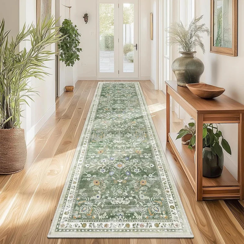 VIKAMA Vintage Persian Floral Runner Carpet Entrance Hall Non-Slip Mat Easy to Clean Kitchen Bedroom Rug Home Decoration