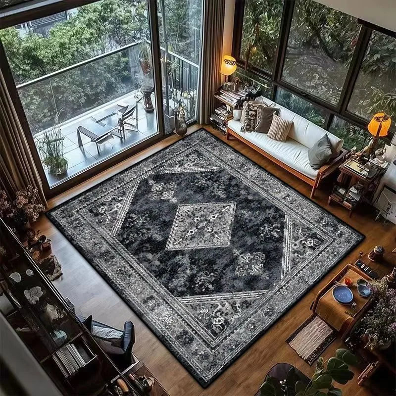 VIKAMA Black Vintage Persian Carpet Non-Slip Resistant Living Room Sofa Floor Mat Dining Room Bedroom Carpet Home Decoration