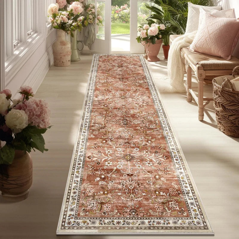 VIKAMA Vintage Persian Floral Runner Carpet Entrance Hall Non-Slip Mat Easy to Clean Kitchen Bedroom Rug Home Decoration