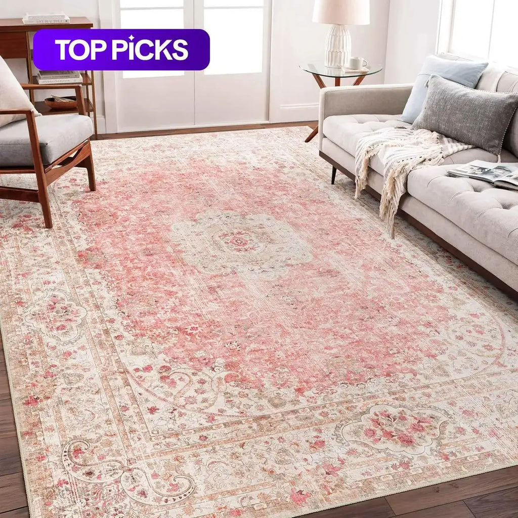 VIKAMA Pink and Vintage Persian Pattern Carpet, Light Luxury Atmosphere, Living Room Sofa Carpet, Bedroom Bedside Carpet