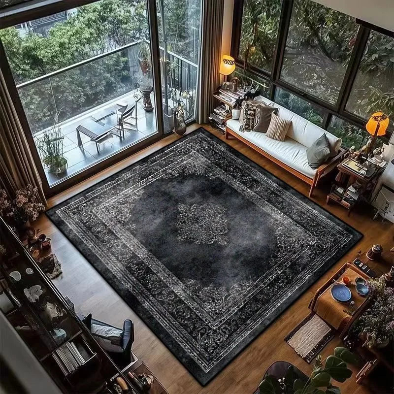 VIKAMA Black Vintage Persian Carpet Non-Slip Resistant Living Room Sofa Floor Mat Dining Room Bedroom Carpet Home Decoration