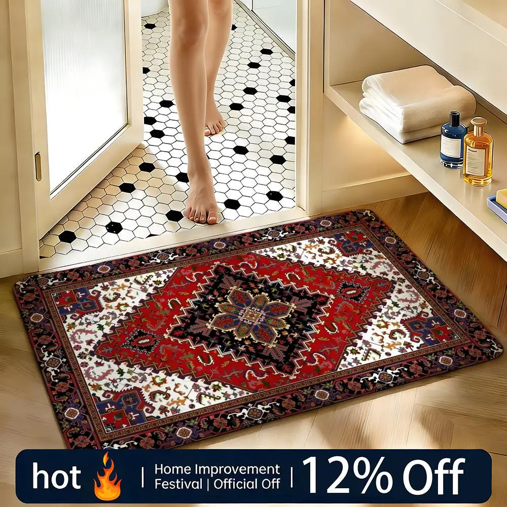 Soft Absorbent Non-Slip Rug Pattern Mysterious Red Persian Carpet Floor Mat Home Decor Doormat Bedroom Floor Mat Shower Carpet