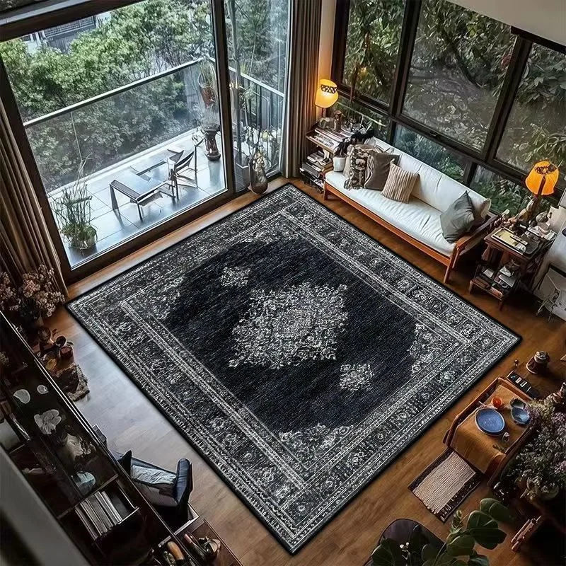 VIKAMA Black Vintage Persian Carpet Non-Slip Resistant Living Room Sofa Floor Mat Dining Room Bedroom Carpet Home Decoration