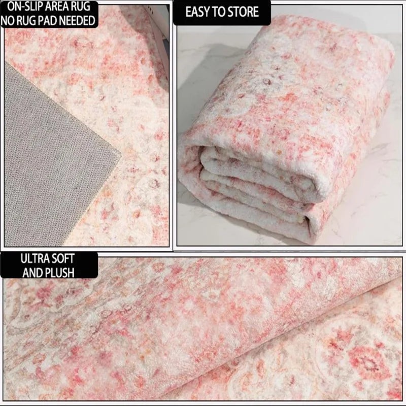 VIKAMA Pink and Vintage Persian Pattern Carpet, Light Luxury Atmosphere, Living Room Sofa Carpet, Bedroom Bedside Carpet